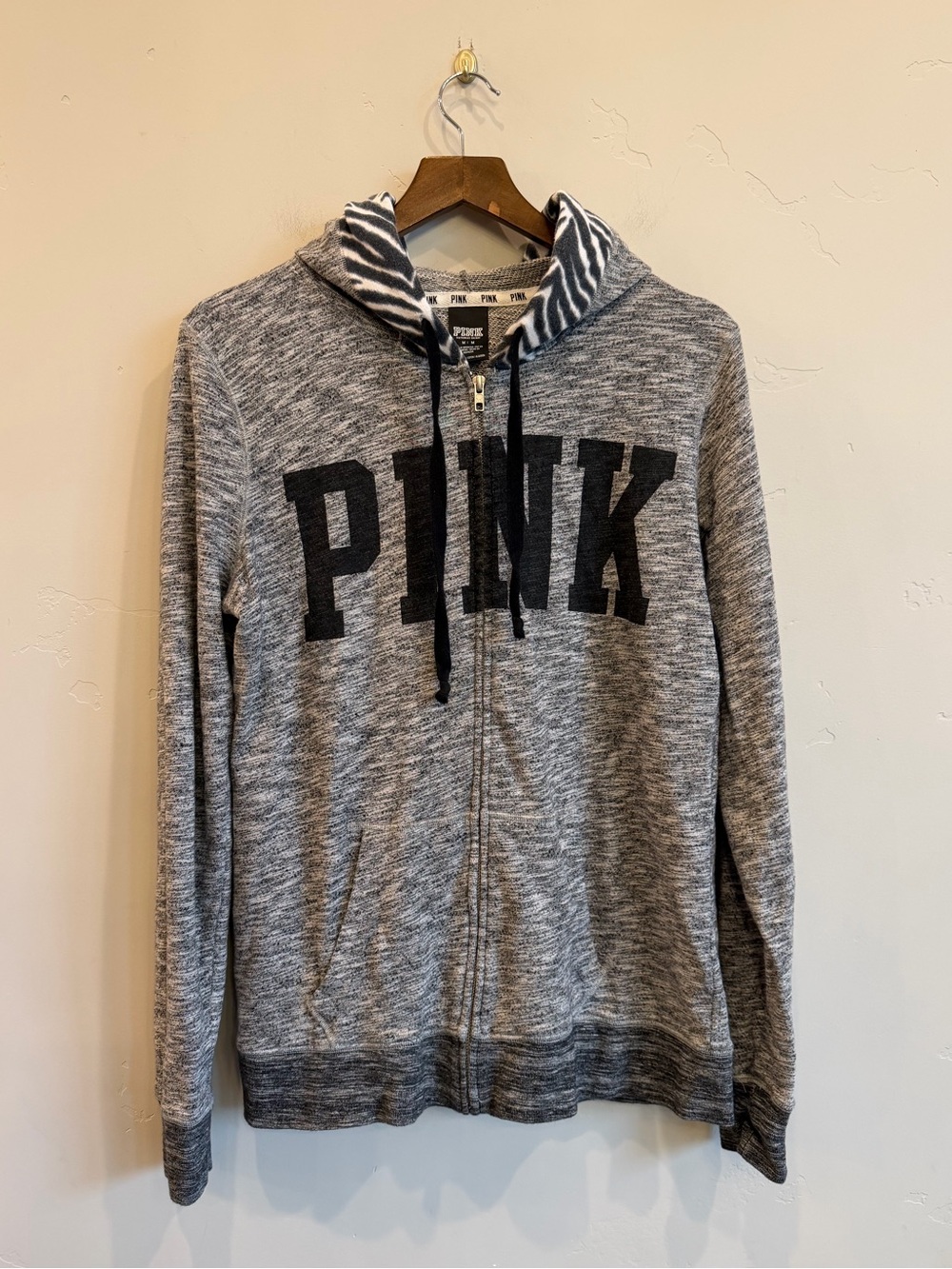 PINK Victoria’s Secret Heathered Gray Zip Up Zebra Print Hooded Sweatshirt